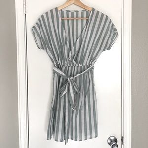 Striped Belted Wrap Summer Dress - ROMWE